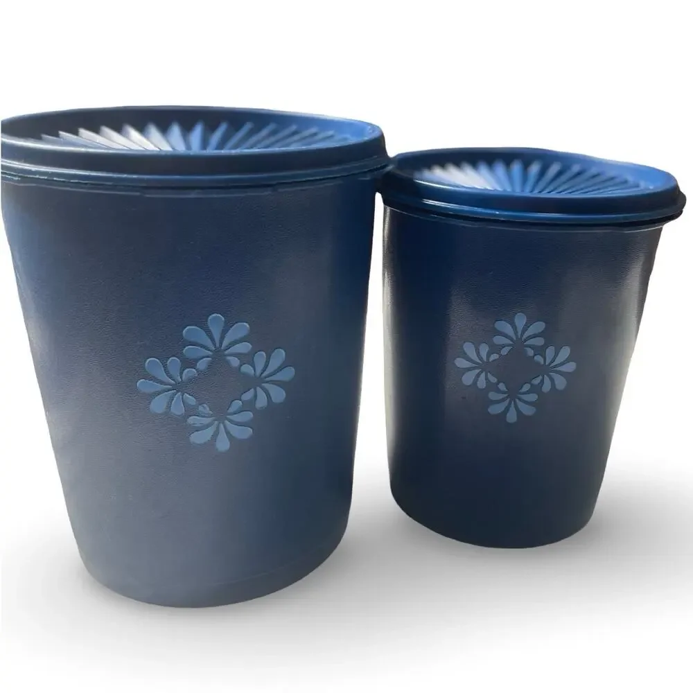 Tupperware Servalier Nesting Canister Set x2 Blue Floral Medallion 809 811 VTG